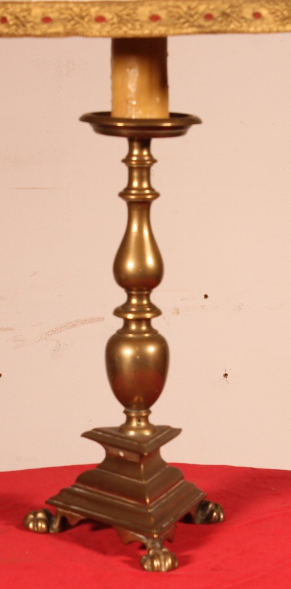 17th Century Bronze Candle Holder Mounted As A Lamp With Its Parchment Lampshade-photo-2