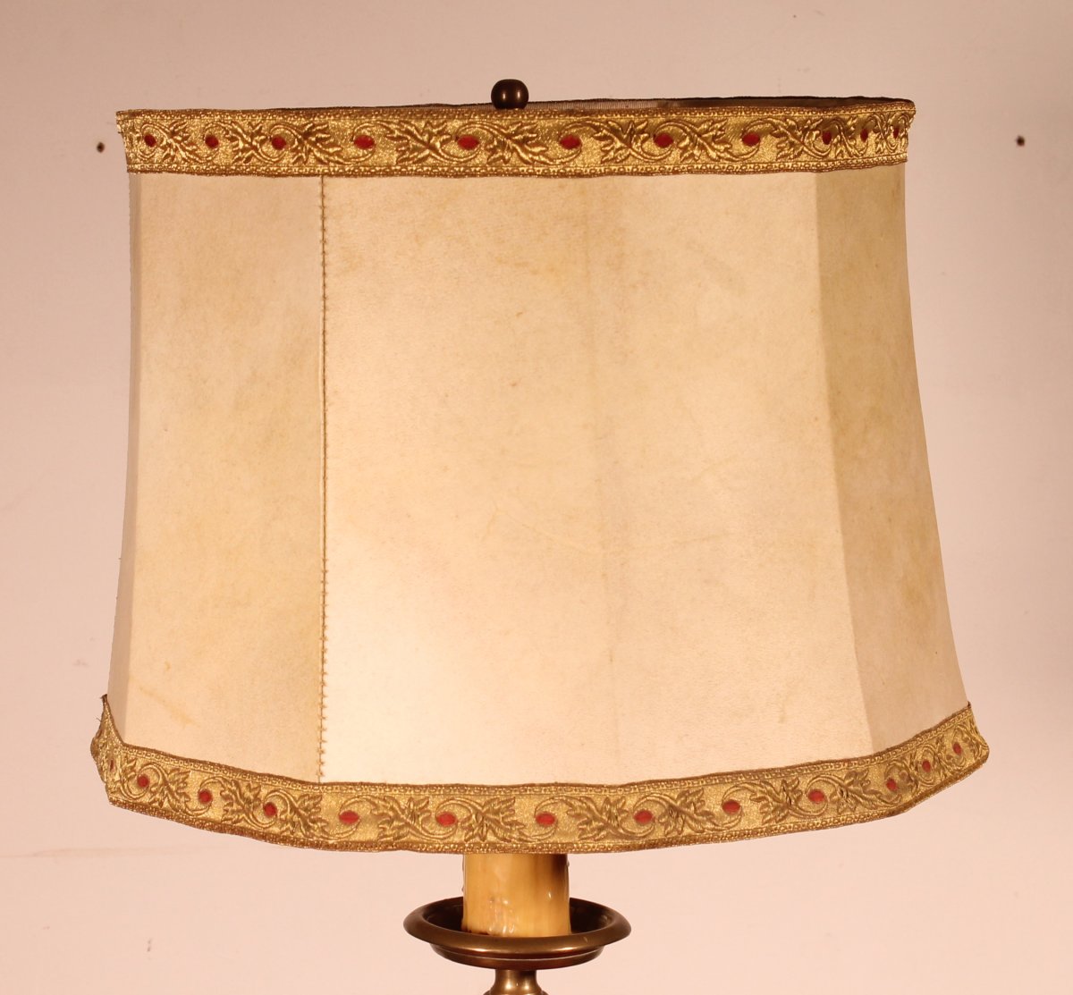 17th Century Bronze Candle Holder Mounted As A Lamp With Its Parchment Lampshade-photo-3