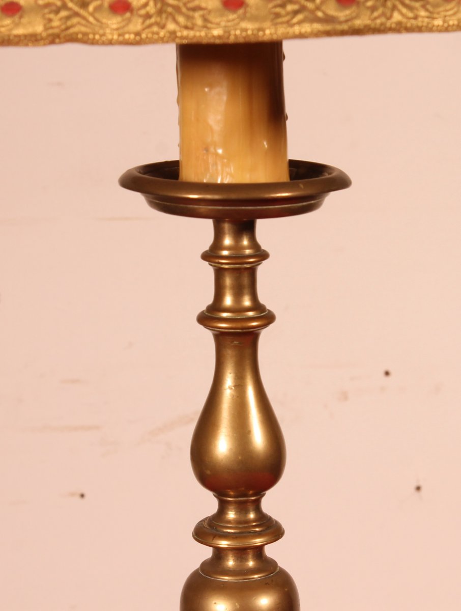17th Century Bronze Candle Holder Mounted As A Lamp With Its Parchment Lampshade-photo-1