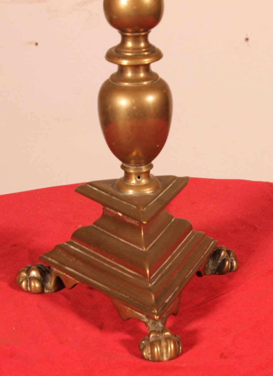 17th Century Bronze Candle Holder Mounted As A Lamp With Its Parchment Lampshade-photo-2