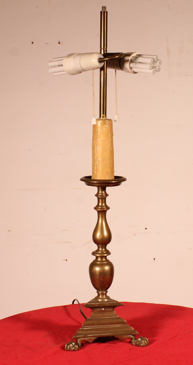 17th Century Bronze Candle Holder Mounted As A Lamp With Its Parchment Lampshade-photo-5