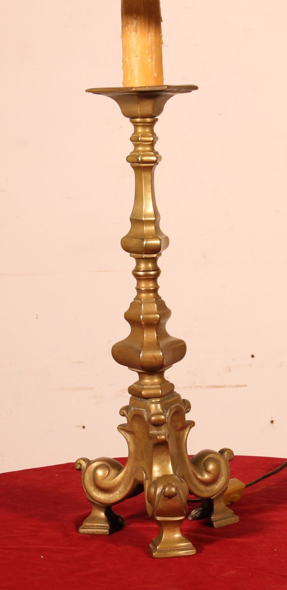 18th Century Bronze Candle Holder Mounted As A Lamp With Its Parchment Lampshade-photo-2