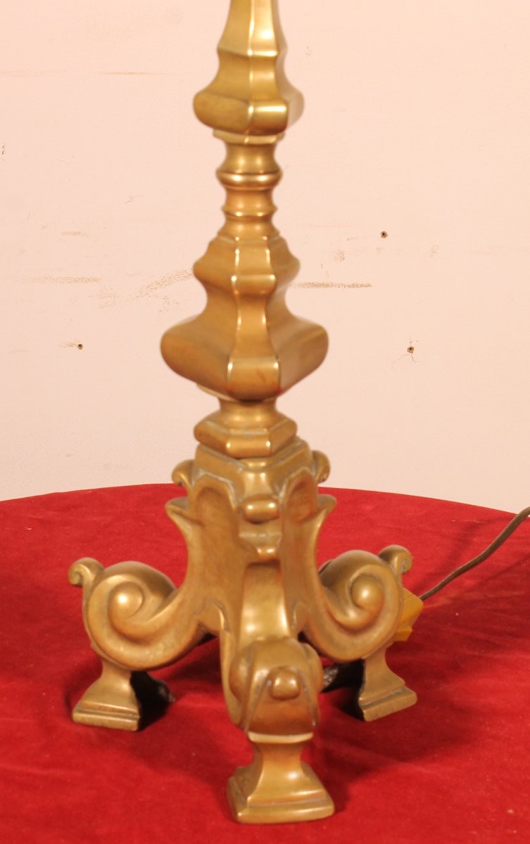 18th Century Bronze Candle Holder Mounted As A Lamp With Its Parchment Lampshade-photo-3