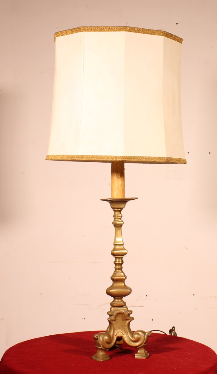 18th Century Bronze Candle Holder Mounted As A Lamp With Its Parchment Lampshade-photo-2