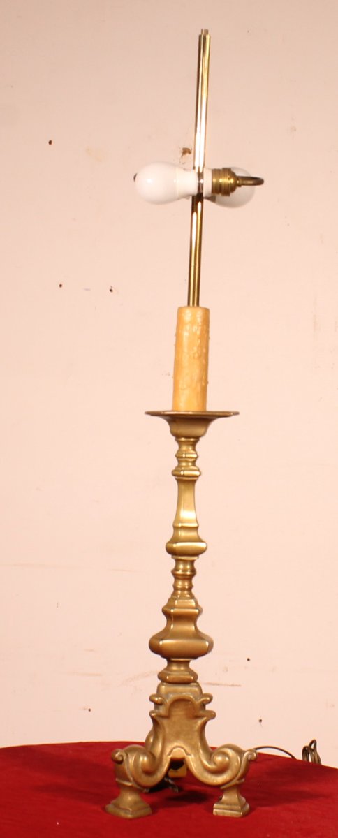 18th Century Bronze Candle Holder Mounted As A Lamp With Its Parchment Lampshade-photo-3