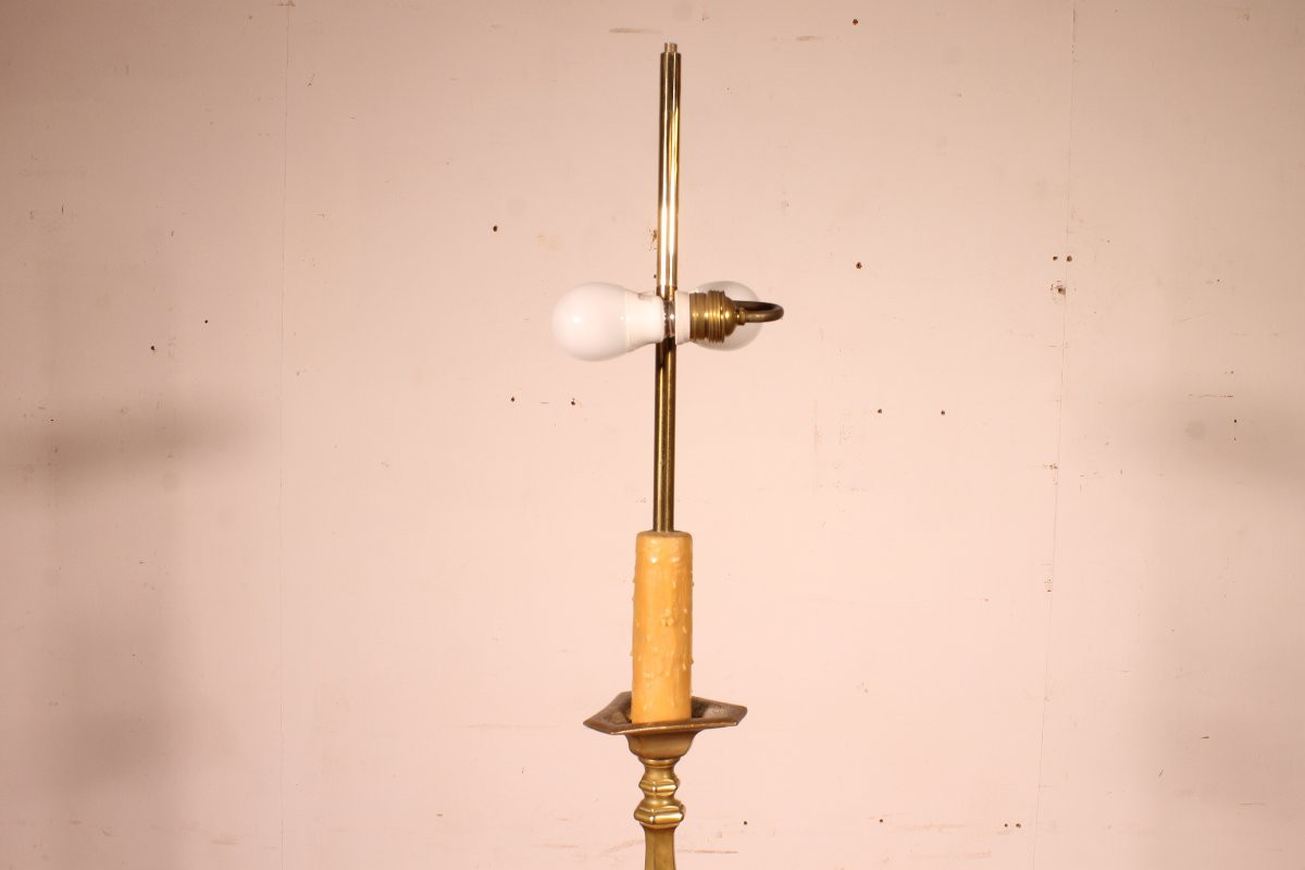 18th Century Bronze Candle Holder Mounted As A Lamp With Its Parchment Lampshade-photo-4