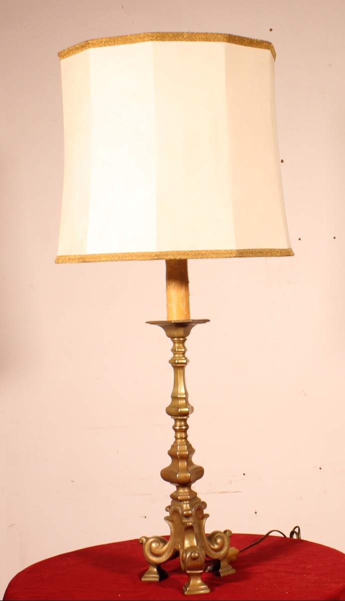 18th Century Bronze Candle Holder Mounted As A Lamp With Its Parchment Lampshade
