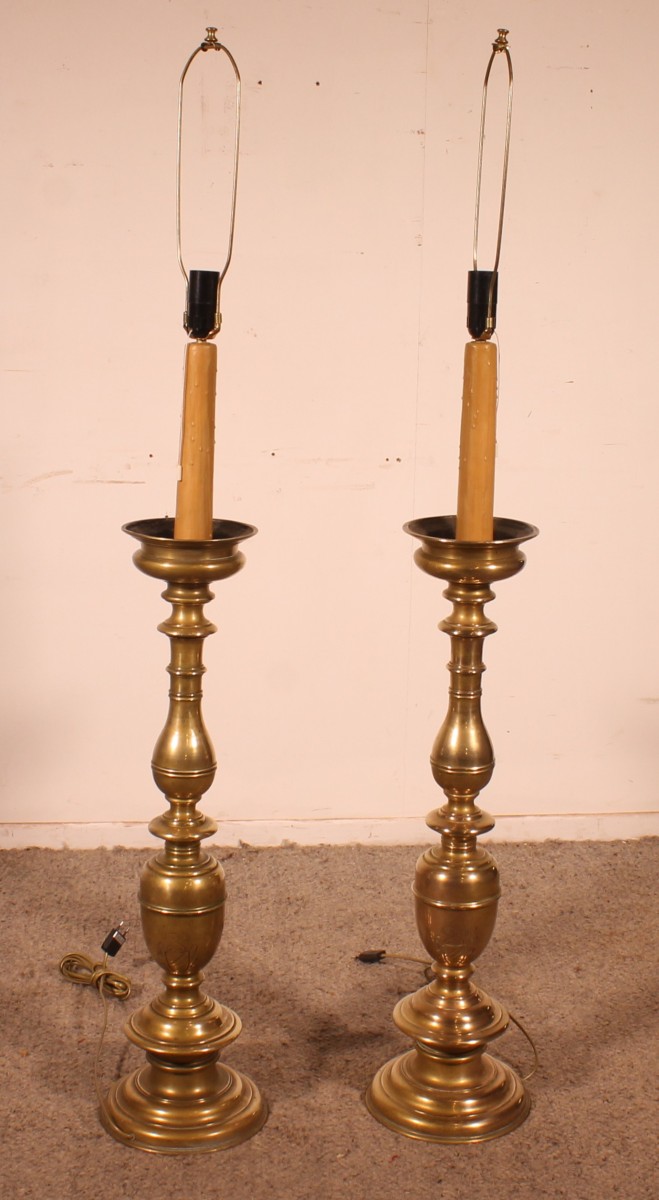 Pair Of Italian Renaissance Style Bronze Candlestick Floor Lamps