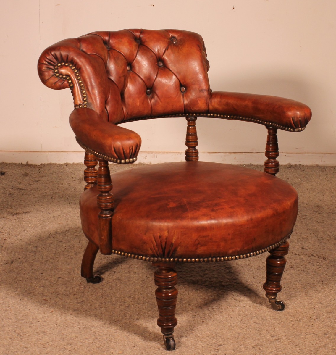Small Armchair In Mahogany And Leather From England - 19th Century