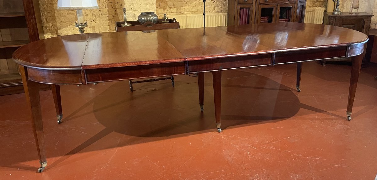 Table de salle à manger extensible Louis XVI en acajou à bandeau -19° siècle-photo-6
