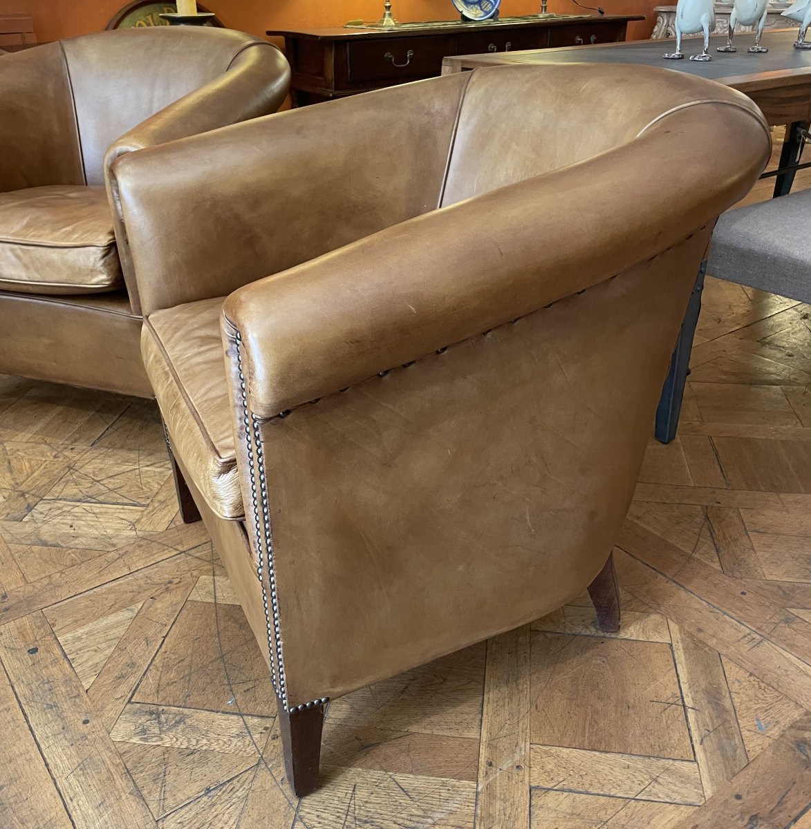 Pair Of Camel-colored Leather Club Chairs-photo-4