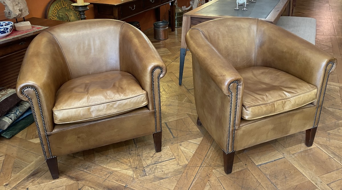 Pair Of Camel-colored Leather Club Chairs