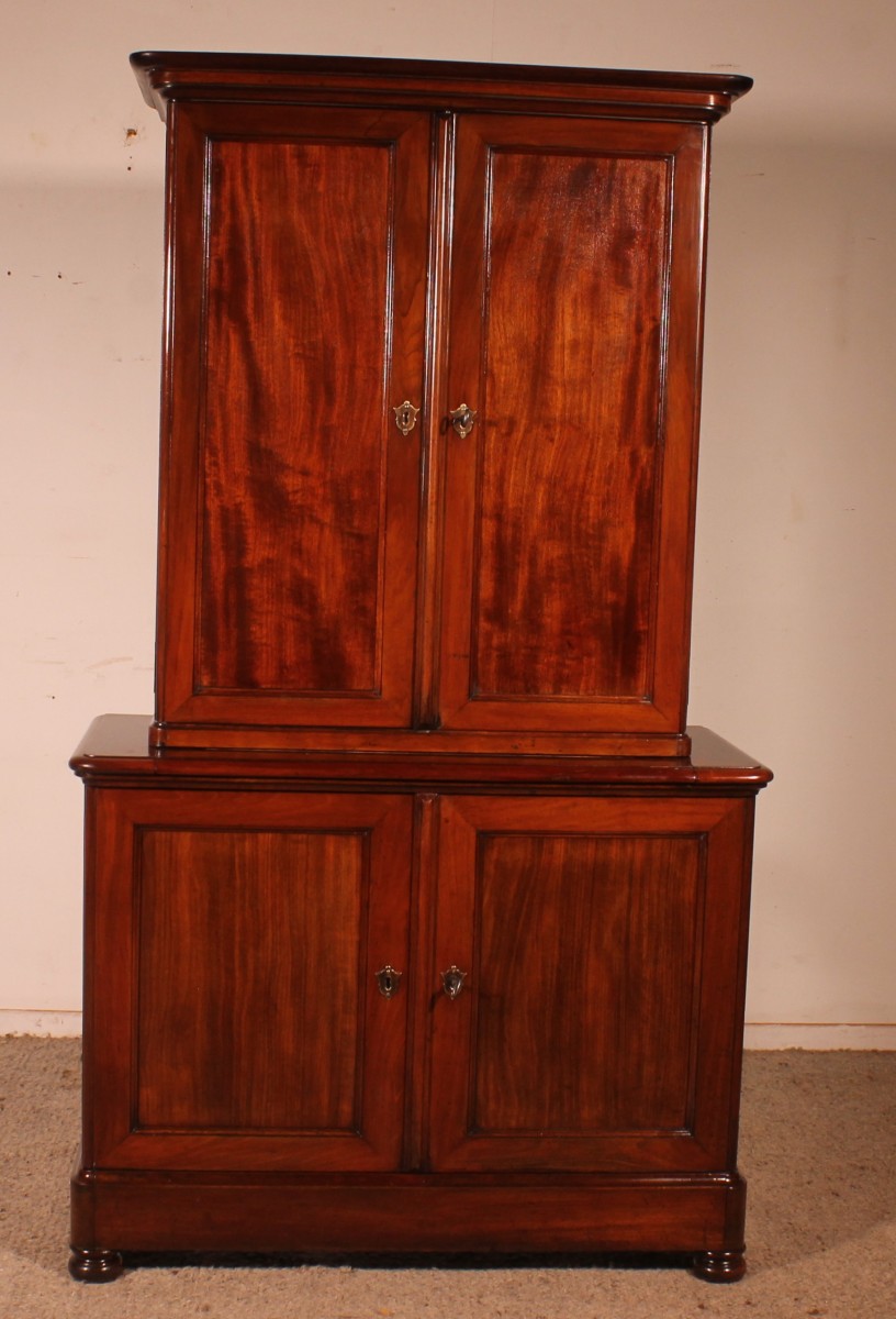 Early 19th Century Solid Mahogany Two-piece Cupboard Buffet With Writing Desk