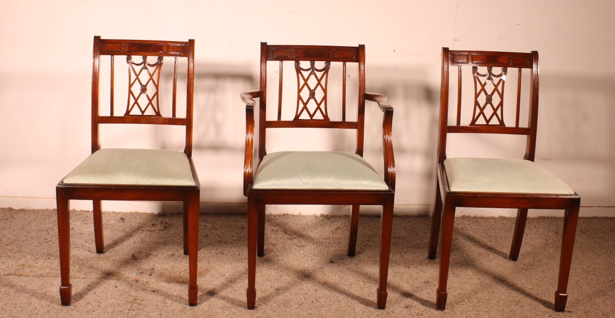 2 Hepplewhite-style Mahogany Chairs And 1 Armchair (desk Set)-photo-2