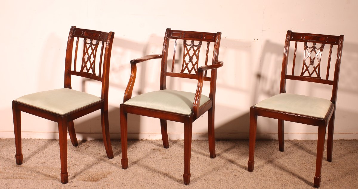 2 Hepplewhite-style Mahogany Chairs And 1 Armchair (desk Set)-photo-5