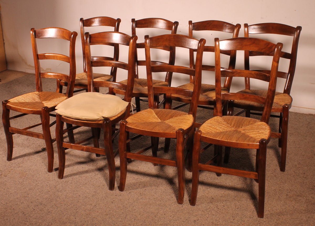 Set Of 8 Straw Chairs In Cherry Wood-photo-2