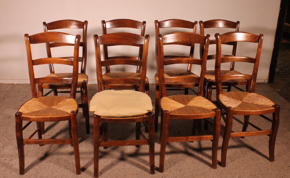 Set Of 8 Straw Chairs In Cherry Wood