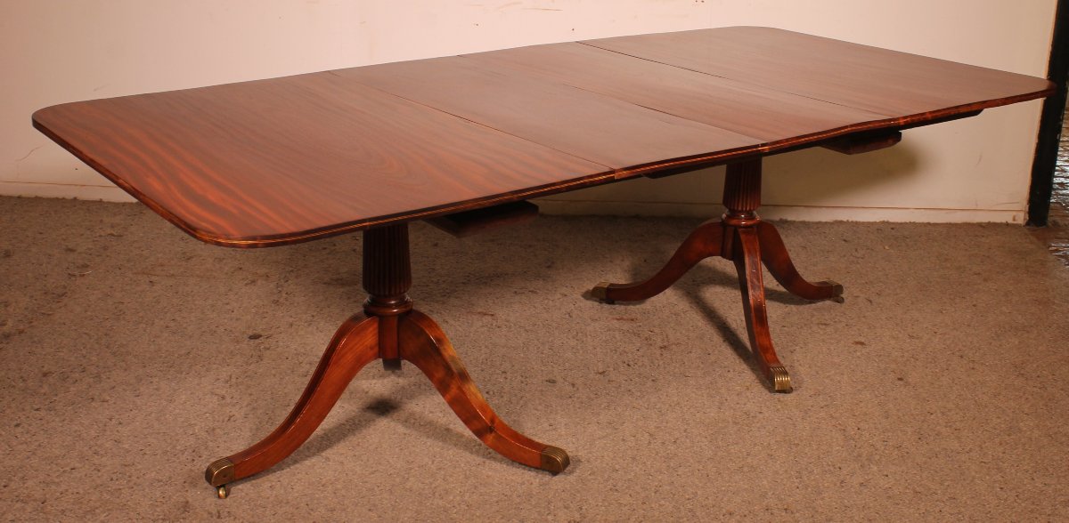 English Solid Mahogany Twin Pillar Dining Room Table - 19th Century-photo-2