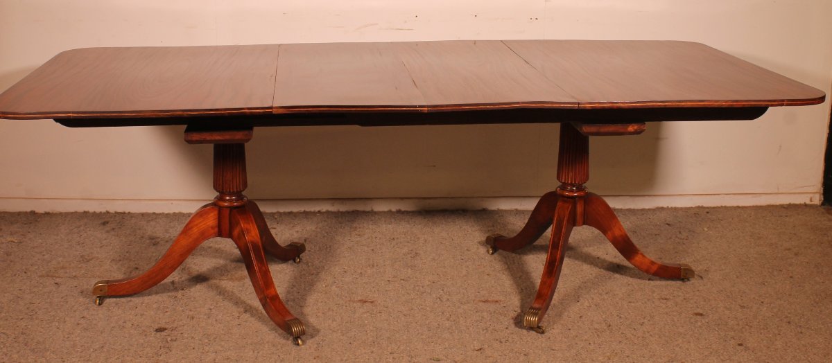 English Solid Mahogany Twin Pillar Dining Room Table - 19th Century-photo-3