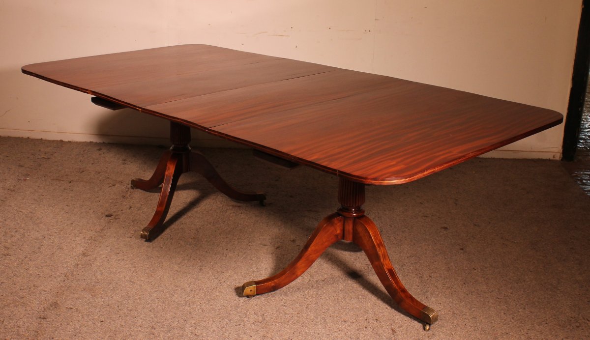 English Solid Mahogany Twin Pillar Dining Room Table - 19th Century-photo-6