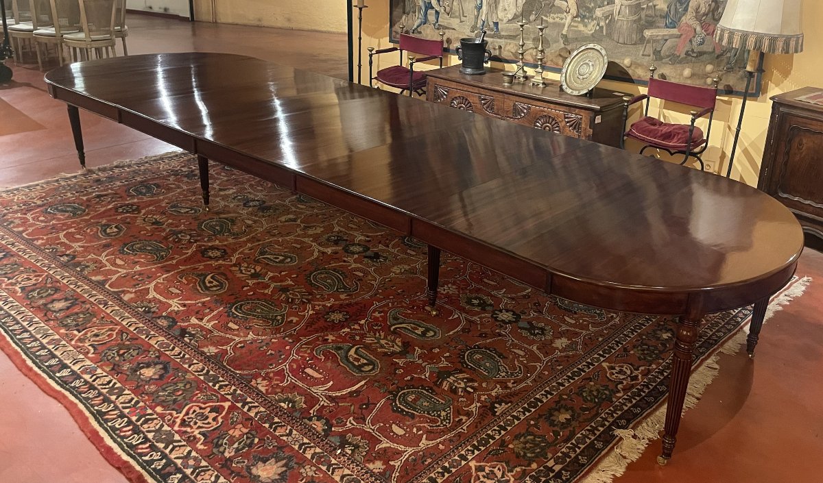 Table de salle à manger extensible d'époque Louis XVI en acajou à bandeau de 5m03-photo-8