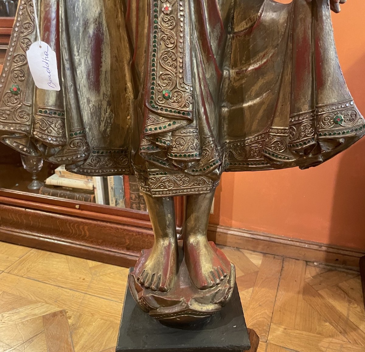 Bouddha en bois sculpté Polychrome avec Incrustations de Verroterie-photo-4