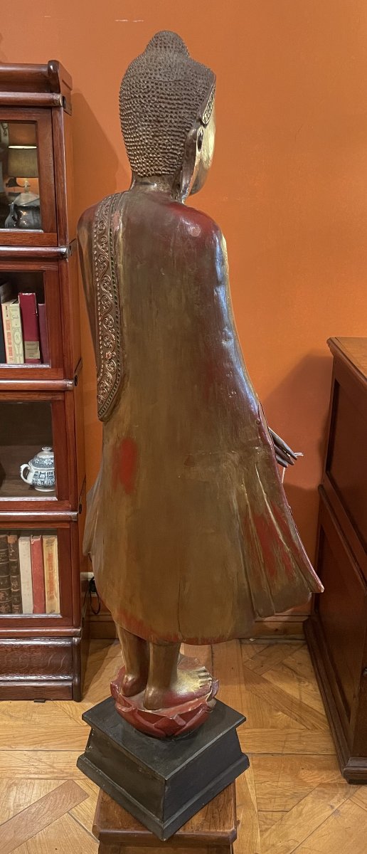 Bouddha en bois sculpté Polychrome avec Incrustations de Verroterie-photo-3