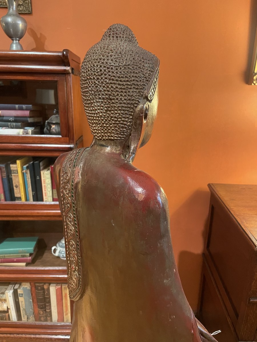 Bouddha en bois sculpté Polychrome avec Incrustations de Verroterie-photo-4