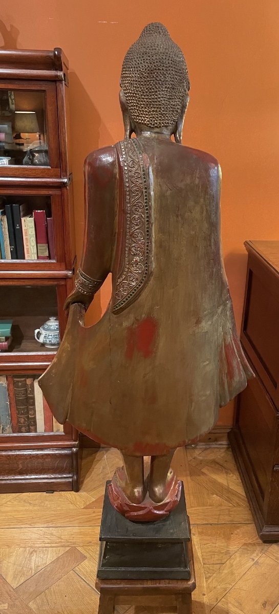 Bouddha en bois sculpté Polychrome avec Incrustations de Verroterie-photo-5