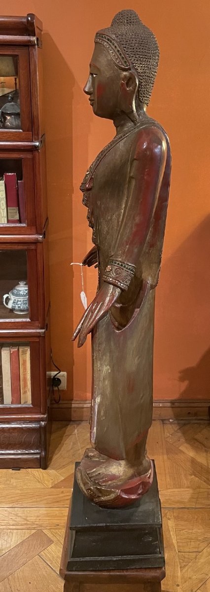 Bouddha en bois sculpté Polychrome avec Incrustations de Verroterie-photo-7