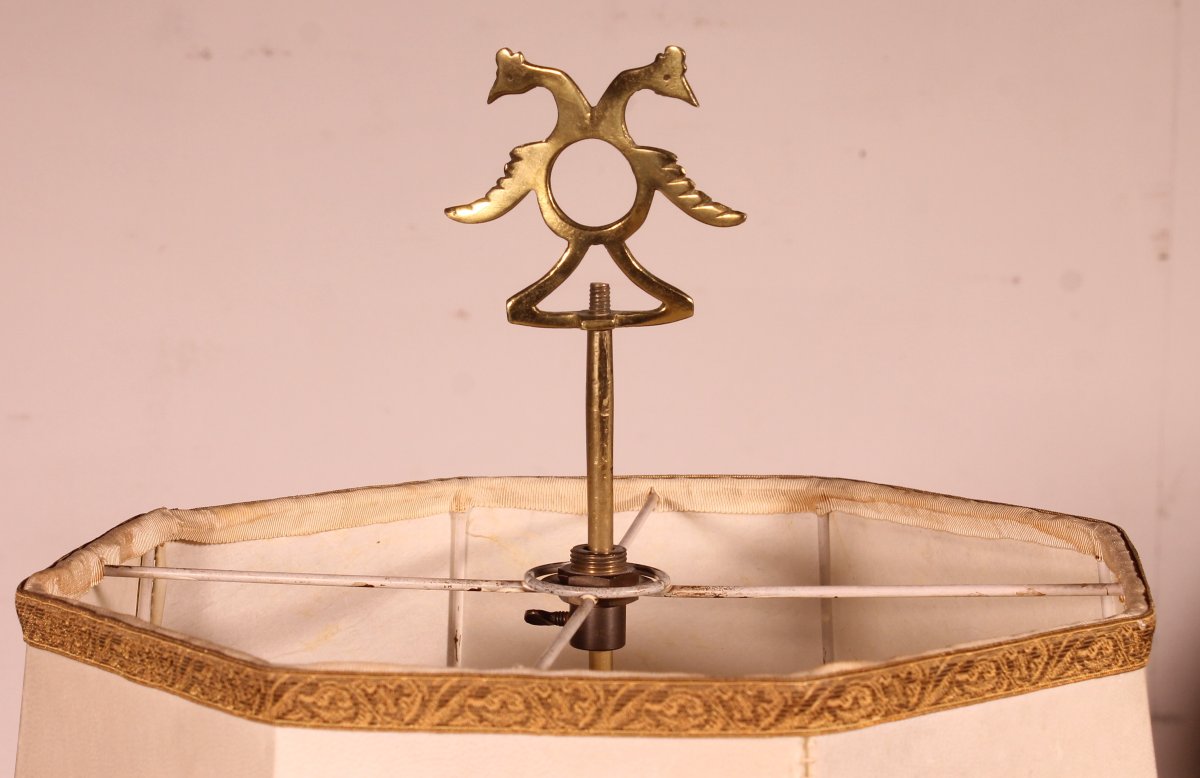 lampe à huile en bronze- 18° siècle - Espagne  monté en lampe avec son abat-jour en parchemin-photo-2
