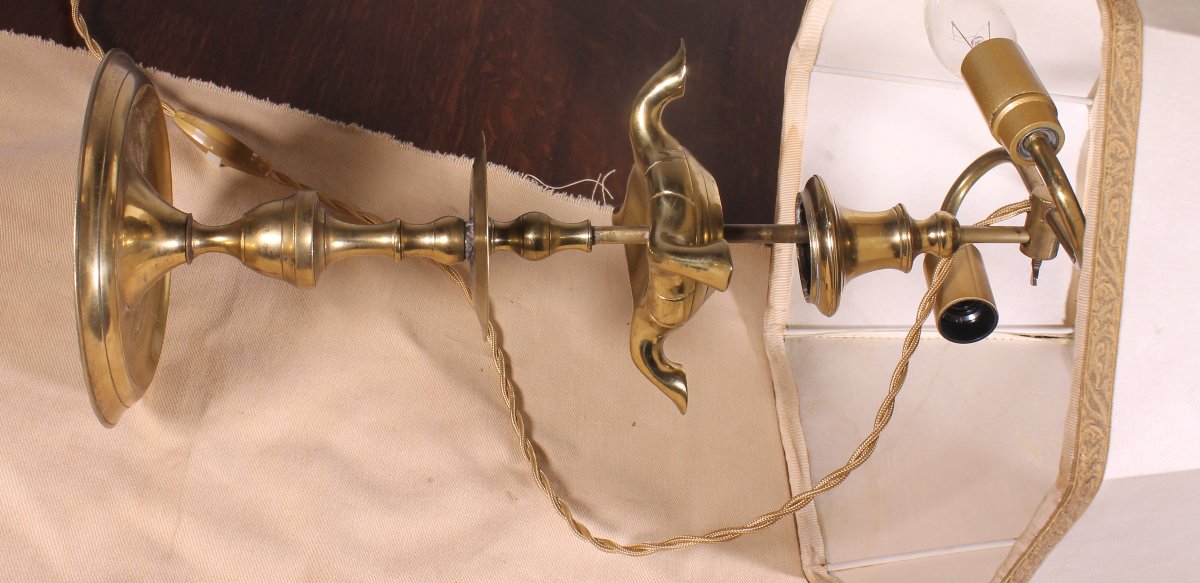 lampe à huile en bronze- 18° siècle - Espagne  monté en lampe avec son abat-jour en parchemin-photo-4