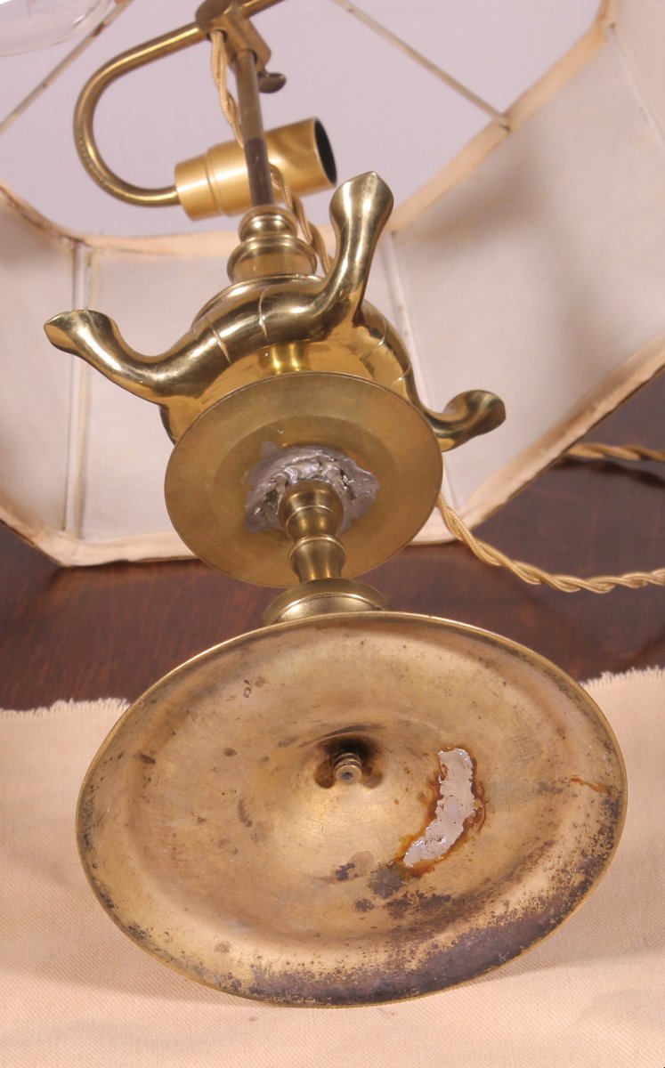 lampe à huile en bronze- 18° siècle - Espagne  monté en lampe avec son abat-jour en parchemin-photo-5