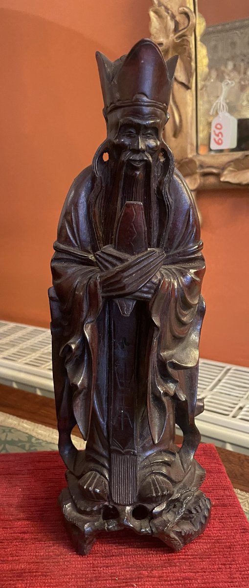 Three Chinese Sages In  Carved Wood—19th Century-photo-2