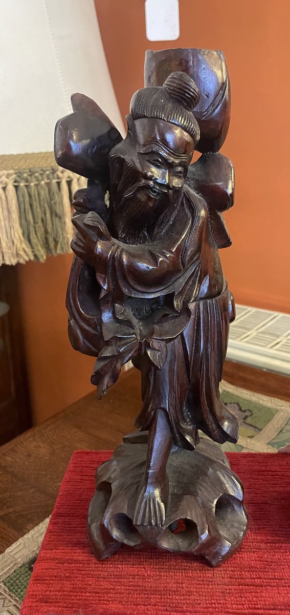 Three Chinese Sages In  Carved Wood—19th Century-photo-3