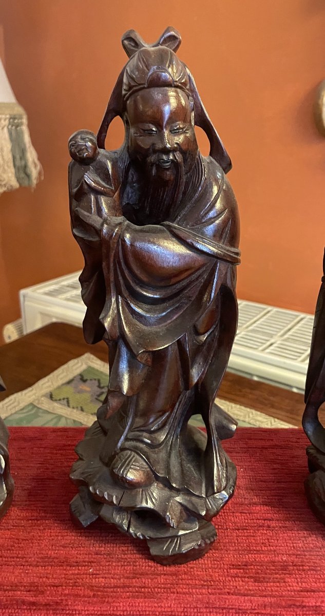 Three Chinese Sages In  Carved Wood—19th Century-photo-4