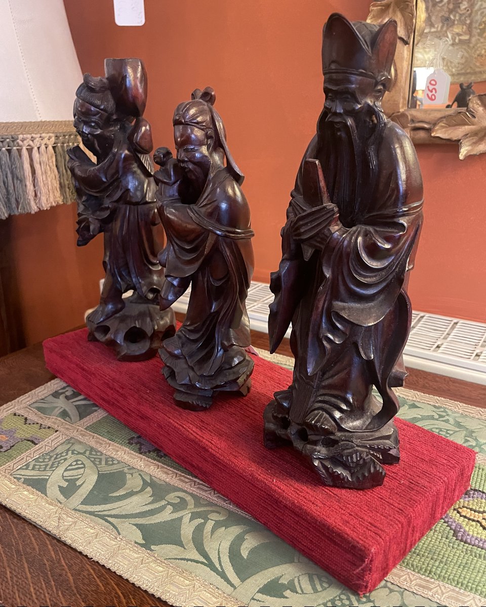 Three Chinese Sages In  Carved Wood—19th Century-photo-2