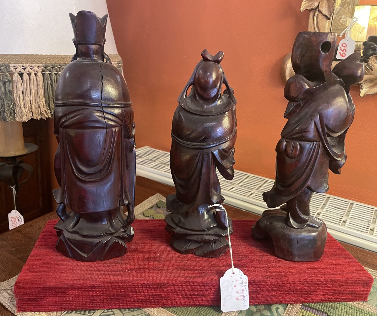 Three Chinese Sages In  Carved Wood—19th Century-photo-4