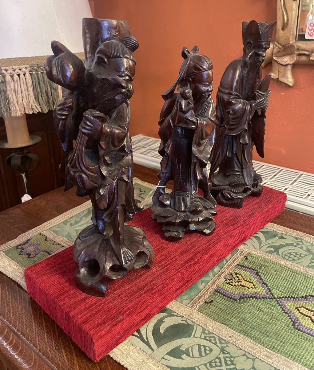 Three Chinese Sages In  Carved Wood—19th Century-photo-6