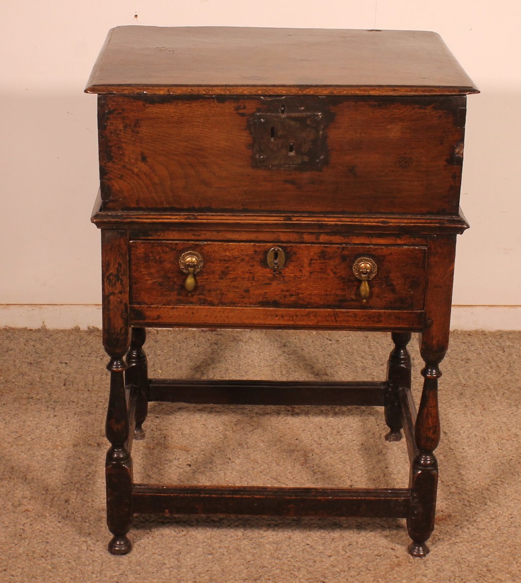 Oak Bible Box With Original Base- 17th Century