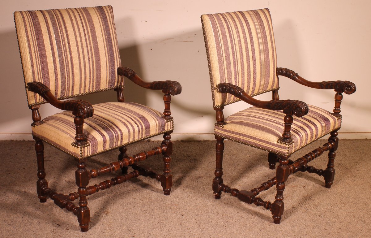 Pair Of Louis XIII-period Armchairs In Walnut—17th Century-photo-3
