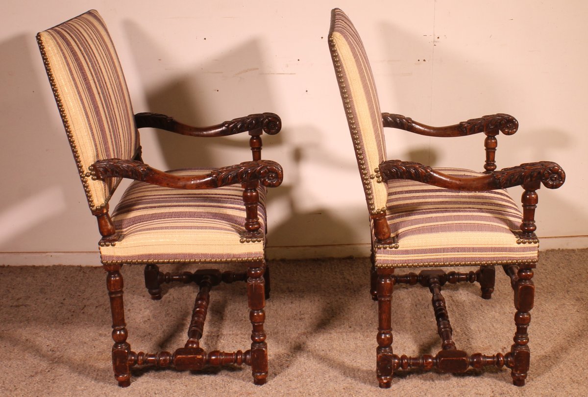 Pair Of Louis XIII-period Armchairs In Walnut—17th Century-photo-5