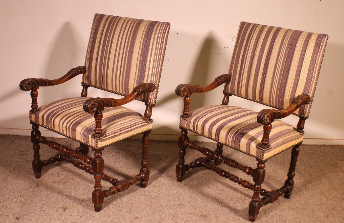 Pair Of Louis XIII-period Armchairs In Walnut—17th Century-photo-8