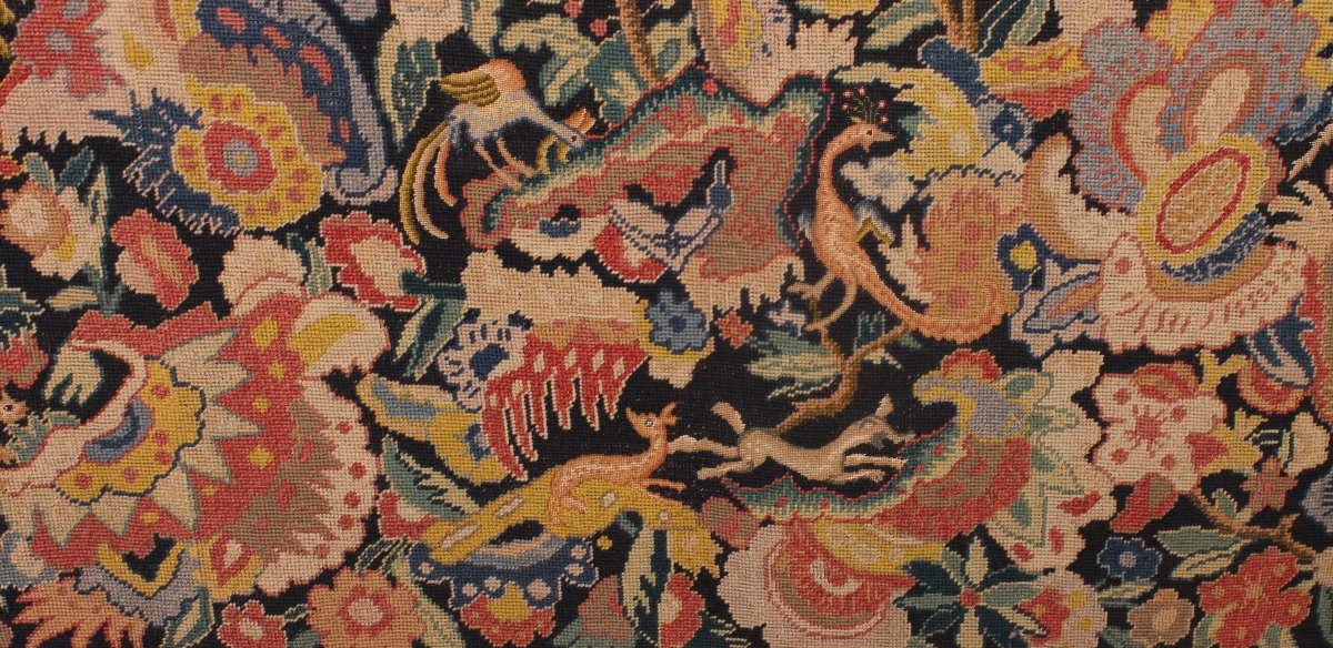 Tapisserie de Bruxelles du XIXᵉ siècle – Verdure fleurie et scène galante-photo-5