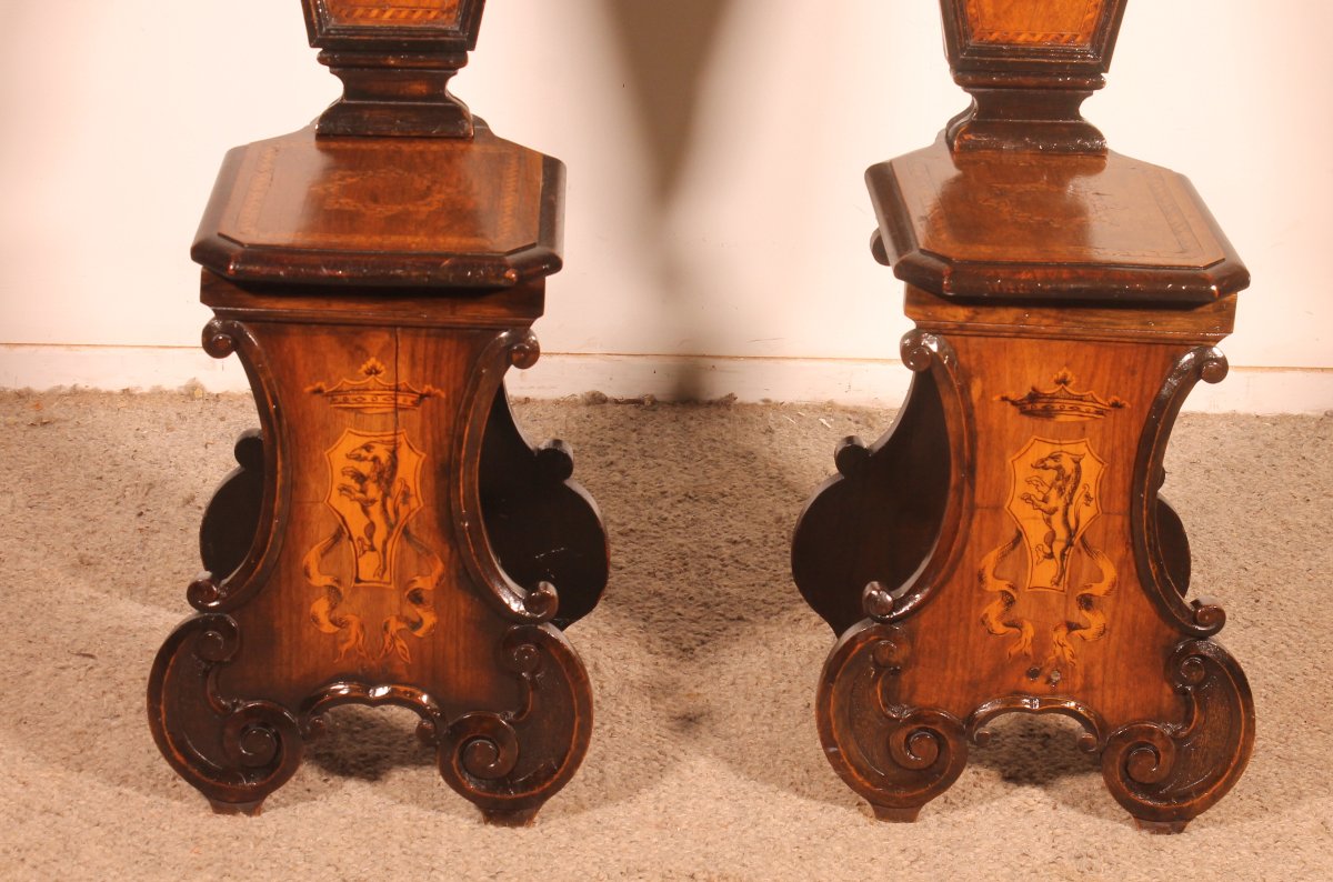 Pair Of Italian Chairs Called Escabellis In Walnut And Marquetry—19th Century-photo-3