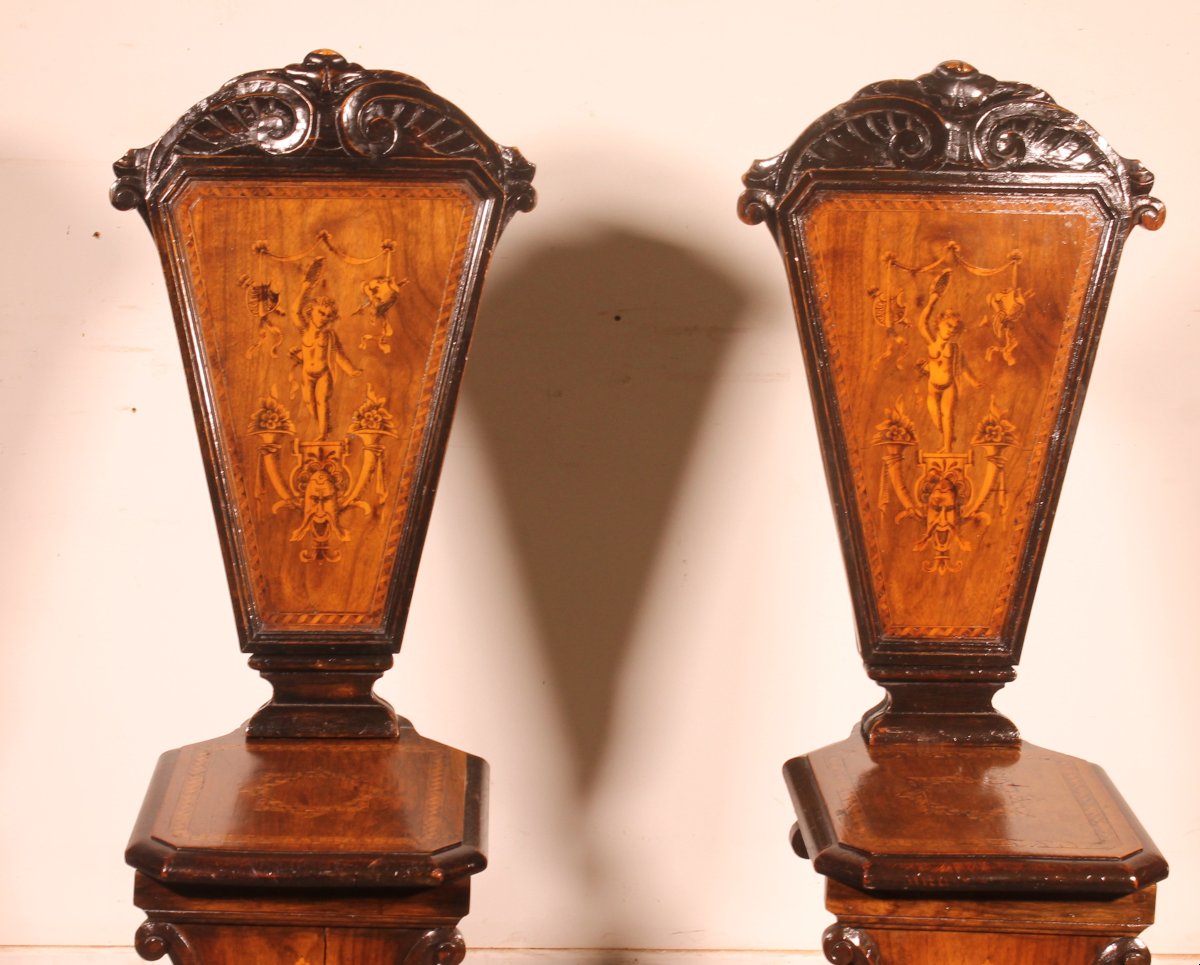 Pair Of Italian Chairs Called Escabellis In Walnut And Marquetry—19th Century-photo-4