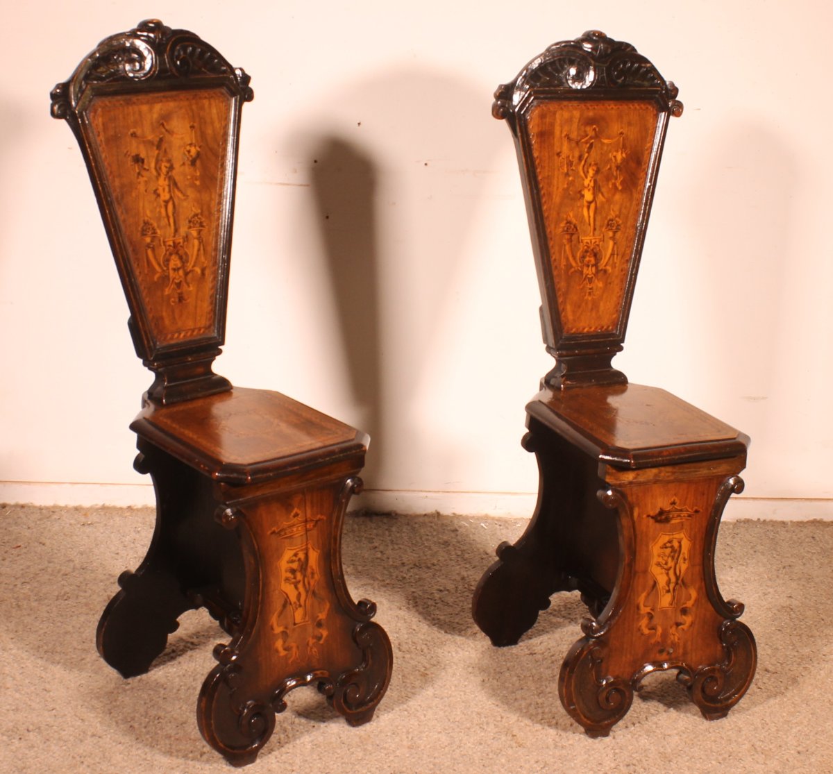 Pair Of Italian Chairs Called Escabellis In Walnut And Marquetry—19th Century-photo-3