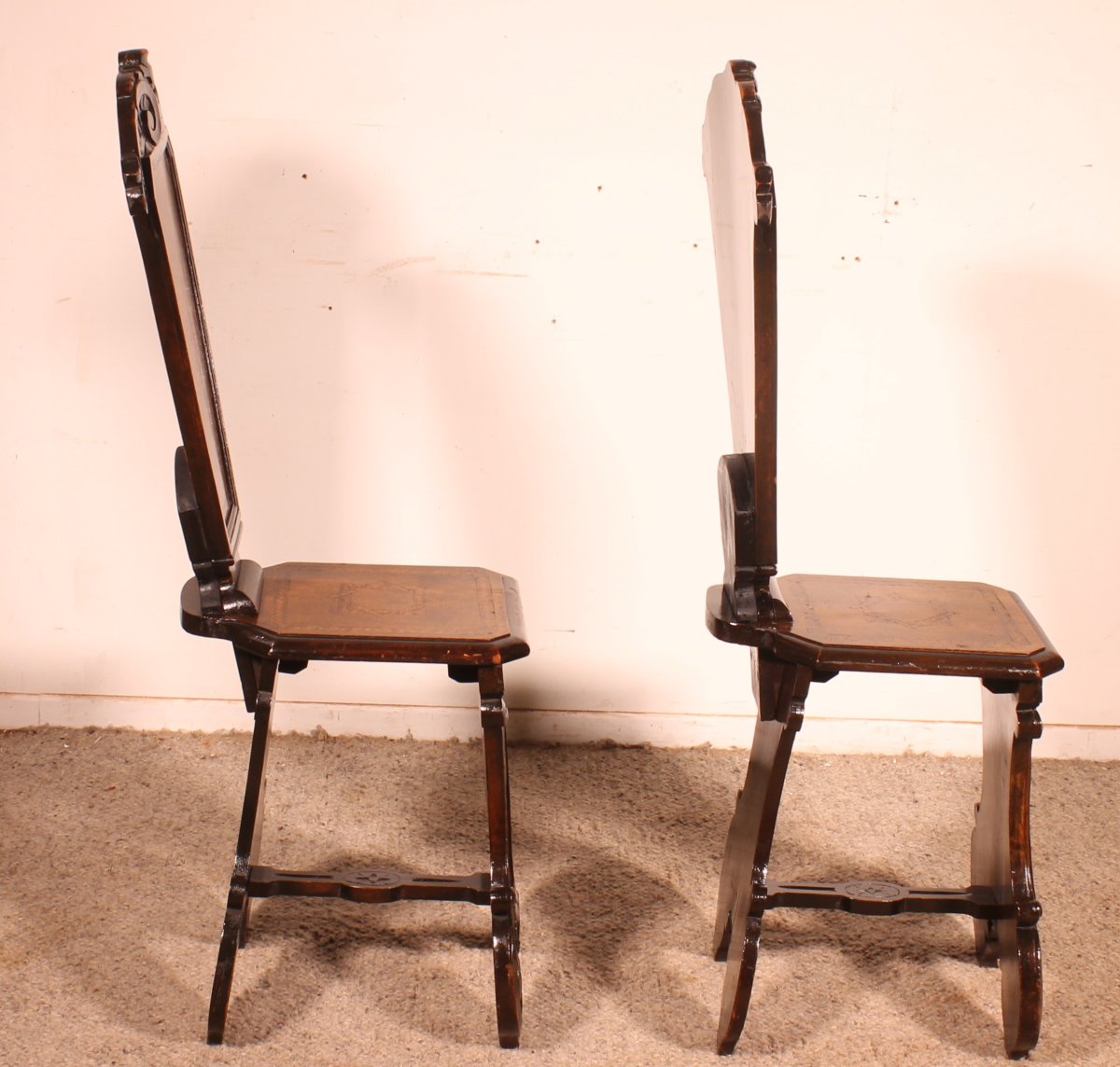 Pair Of Italian Chairs Called Escabellis In Walnut And Marquetry—19th Century-photo-4