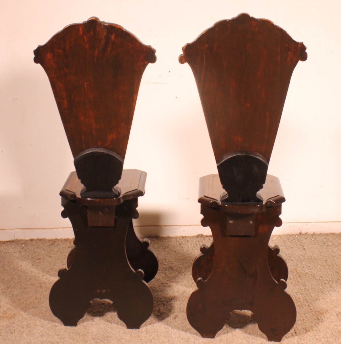 Pair Of Italian Chairs Called Escabellis In Walnut And Marquetry—19th Century-photo-5