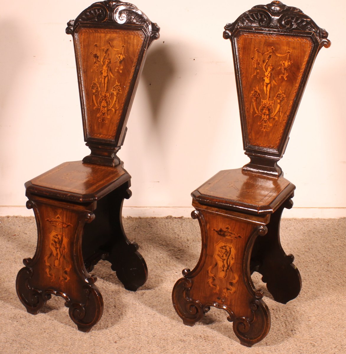 Pair Of Italian Chairs Called Escabellis In Walnut And Marquetry—19th Century-photo-7